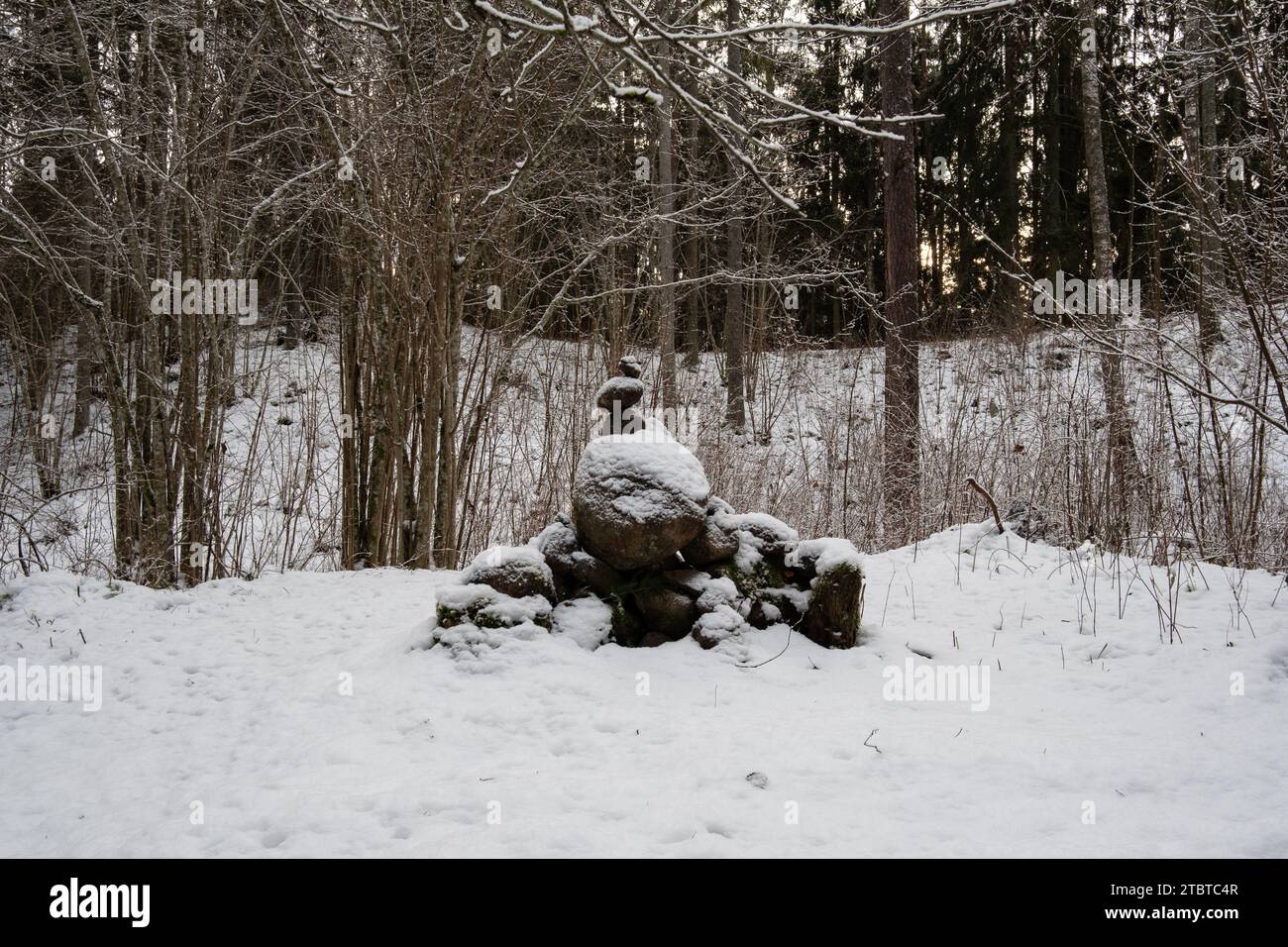 Die Kunstfertigkeit der Natur wird enthüllt: Schnee- und moosbedeckte Felsen, die mystisch übereinander liegen und Geschichten von stiller Magie in der schneebedeckten Umarmung von Pokainu Mezs flüstern. Stockfoto