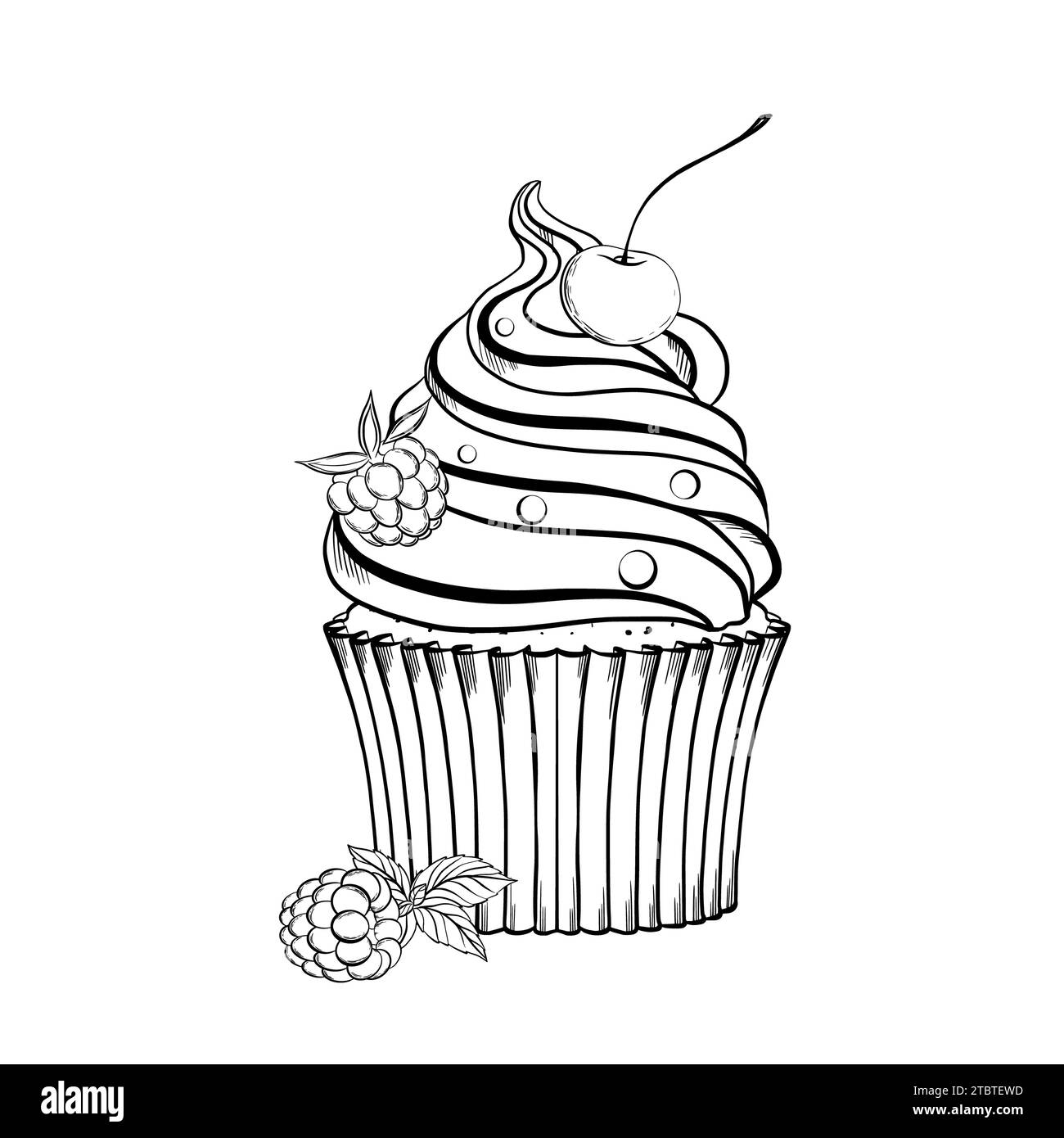 Cupcake mit Beerencreme und Minzblättern. Vektorabbildung. Grapgischer STYLE. Handgezeichnet in einem einfachen minimalistischen Stil. Kann in der Küche verwendet werden Stock Vektor