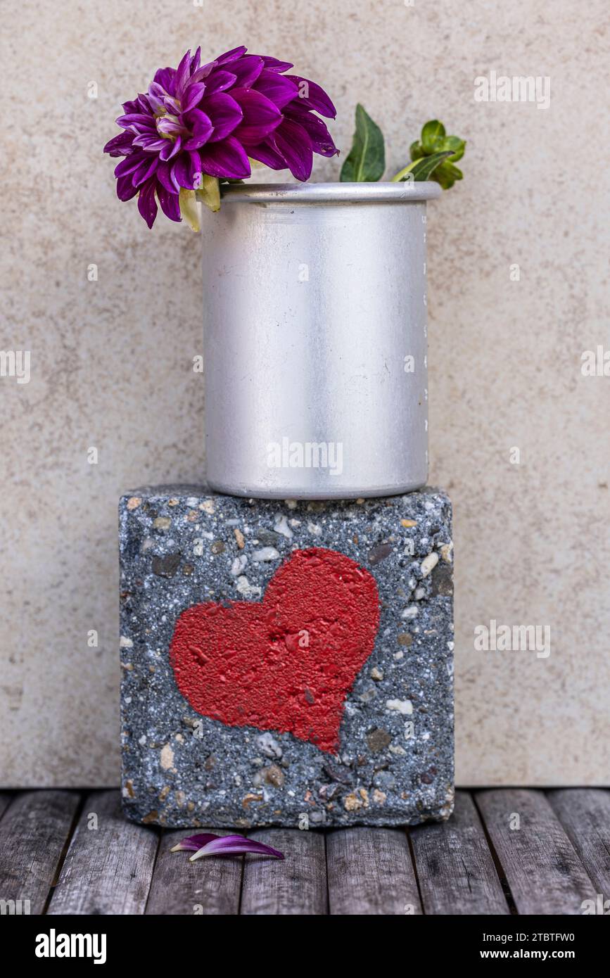 Stein mit rotem Herzen, symbolisches Bild, Dekoration, Stillleben, Dahlien Stockfoto