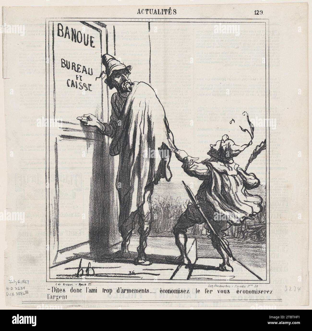 Hör zu, du Freund der Aufrüstung... Wenn Sie mit Stahl sparen, könnten Sie auch etwas Geld sparen!, aus „News of the Day“, veröffentlicht in Le Charivari, 6. Juli 1867 1948 von Destouches Stockfoto
