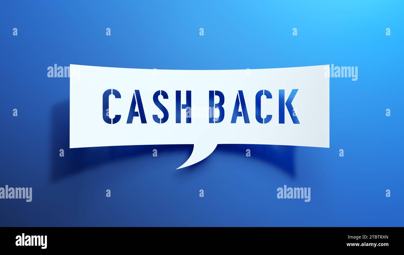 Cashback – Sprachblase. Minimalistisches abstraktes Design mit weißem Papier auf blauem Hintergrund. 3D-Rendering. Stockfoto