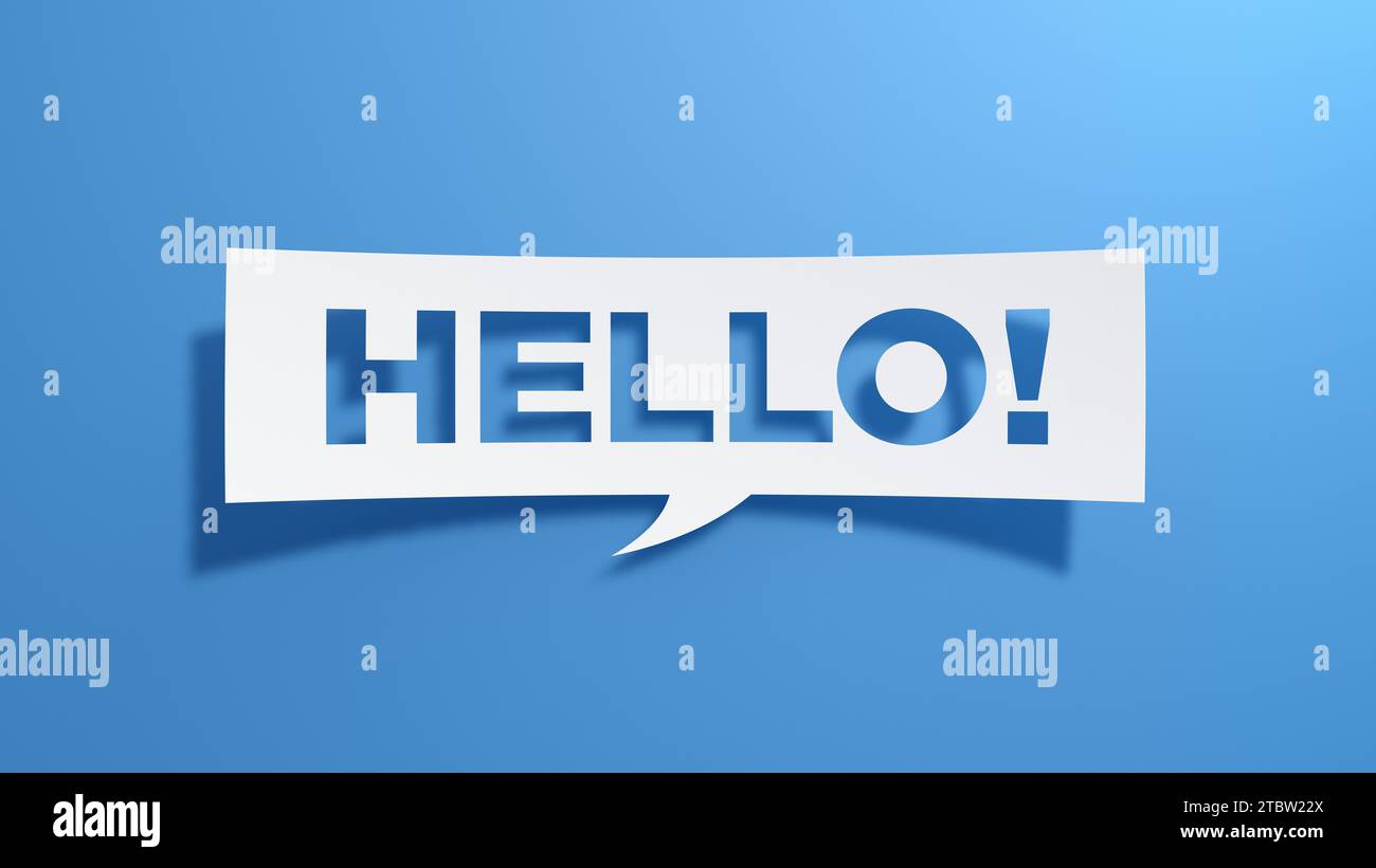 Hallo! Sprechblase. Minimalistisches abstraktes Design mit weißem Papier auf blauem Hintergrund. 3D-Rendering. Stockfoto