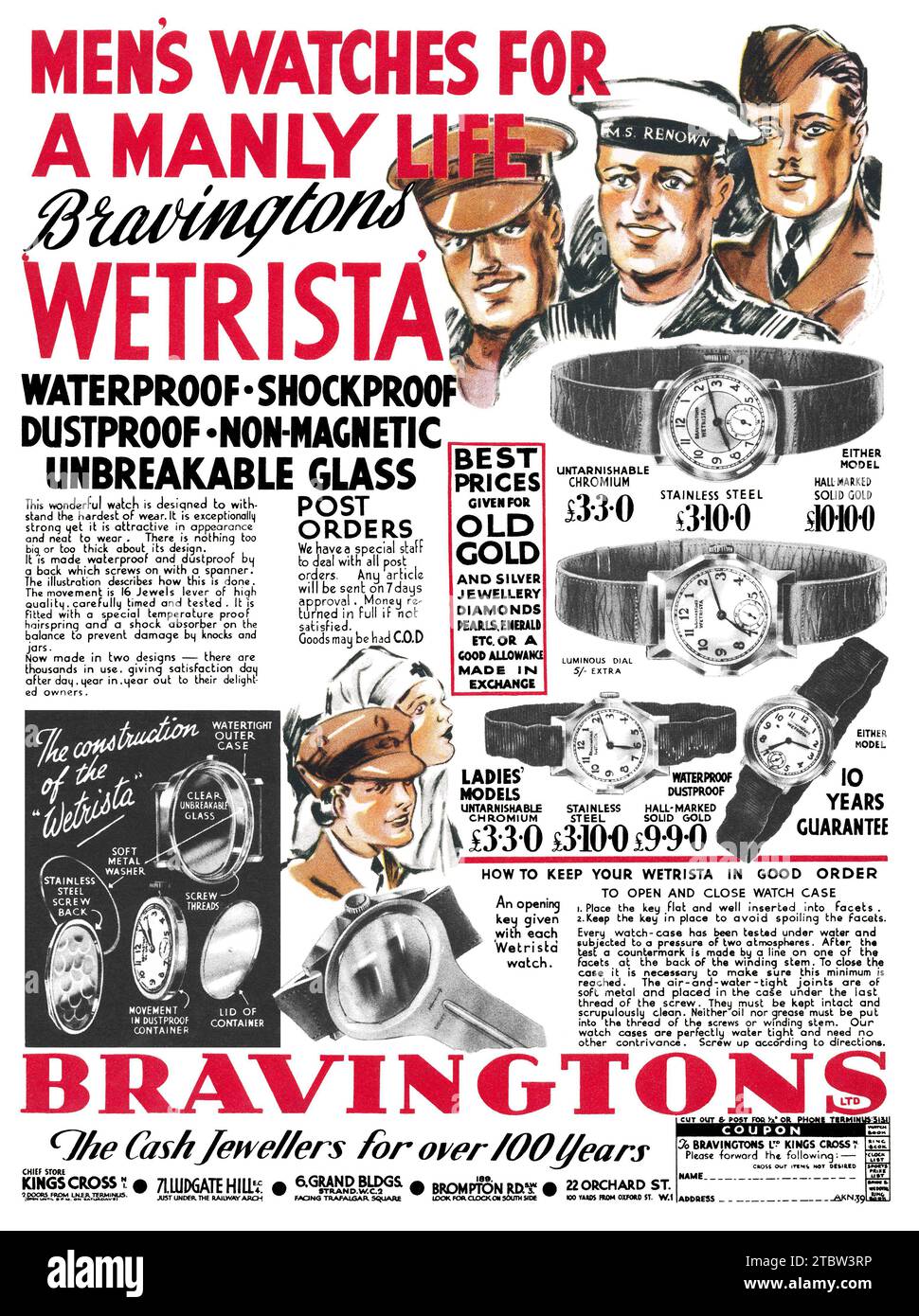 1939 britische Werbung für Wetrista Armbanduhren von Bravingtons, dem Londoner Juwelier. Stockfoto