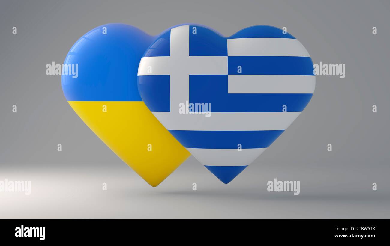 Staatssymbol der Ukraine und Griechenlands auf Hochglanzabzeichen. 3D-Rendering. Stockfoto
