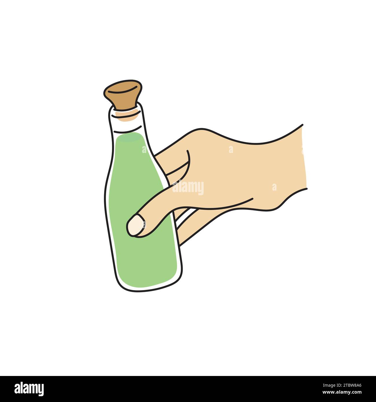 Nahaufnahme Hand hält grüne Alkoholflasche Illustration Vektor Hand gezeichnet isoliert auf weißem Hintergrund Stock Vektor