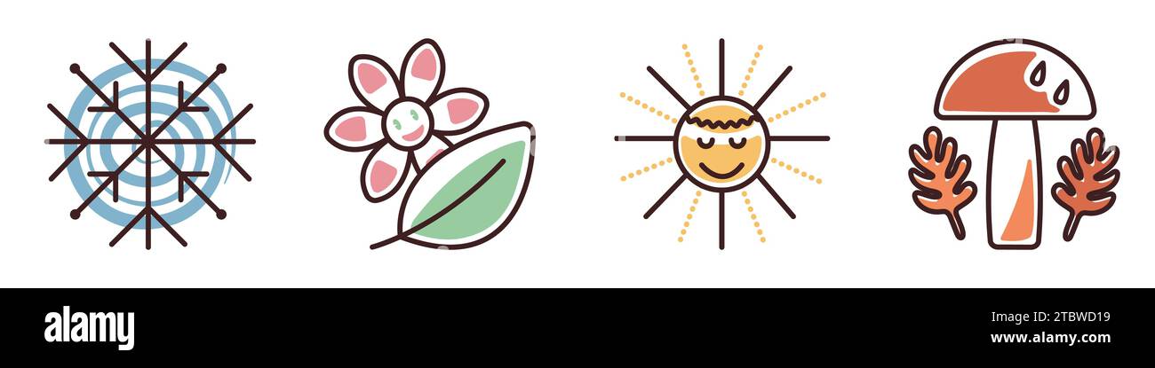 Four Seasons grooviges Icon Set, Farbvektorzeichen für Winter, Frühling, Sommer und Herbst Stock Vektor