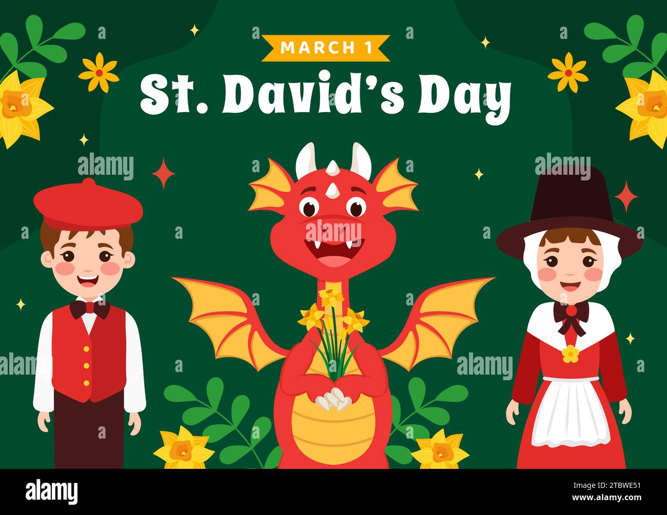 Happy St David's Day Vektor-Illustration am 1. März mit walisischen Drachen und gelben Narzissen im Feiertag Flat Cartoon Hintergrund Design Stock Vektor