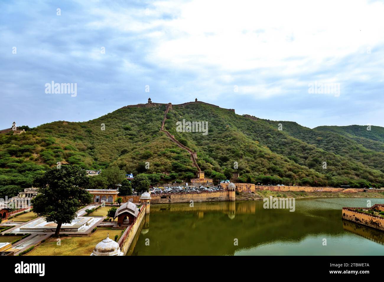 Panoramablick von der Spitze von Amer Fort, Jaipur, Rajasthan, Indien. Stockfoto