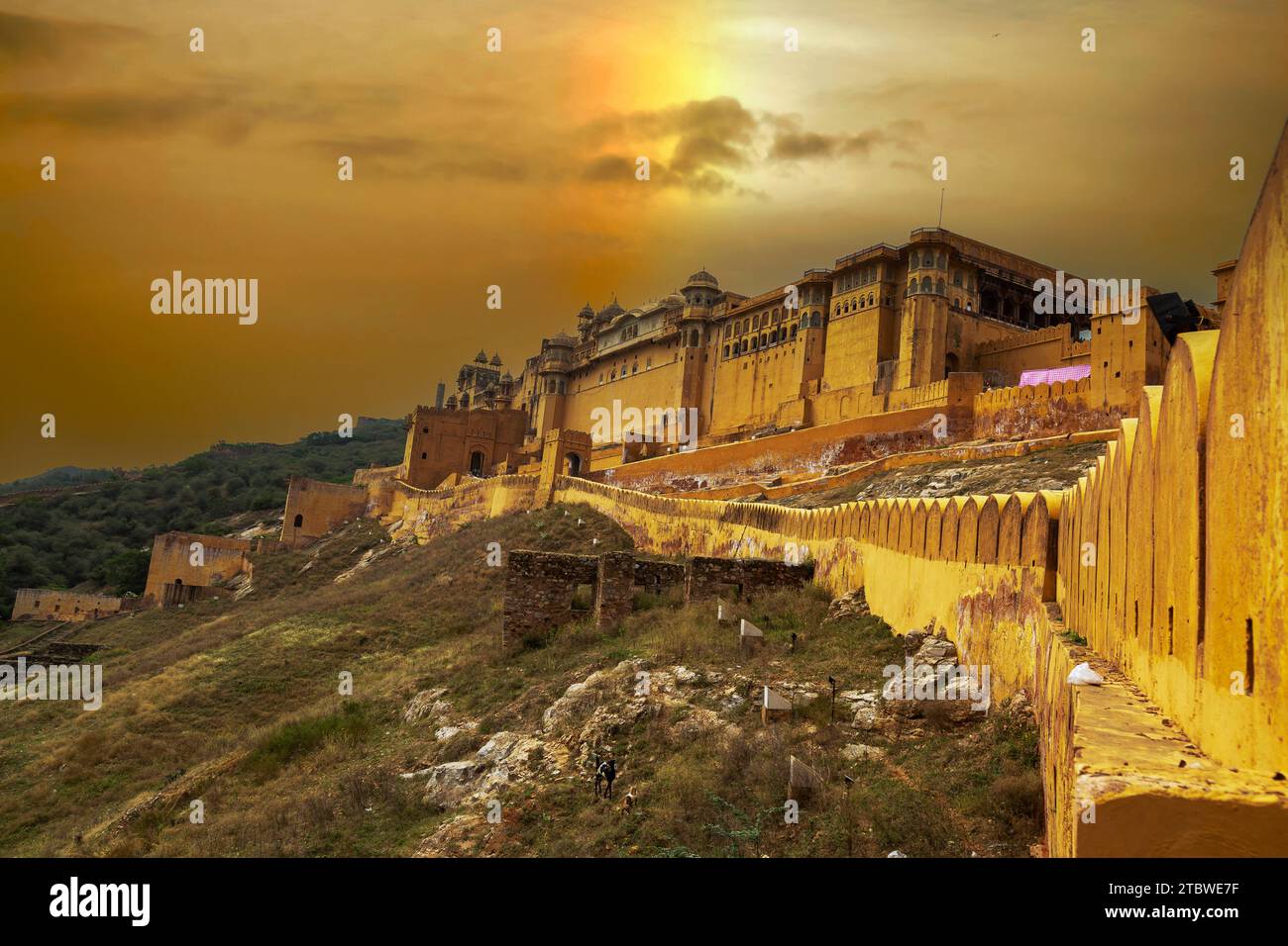 Amer Fort hoch oben auf einem Hügel gelegen, ist es das Touristenziel in Jaipur, Rajasthan, Indien Stockfoto
