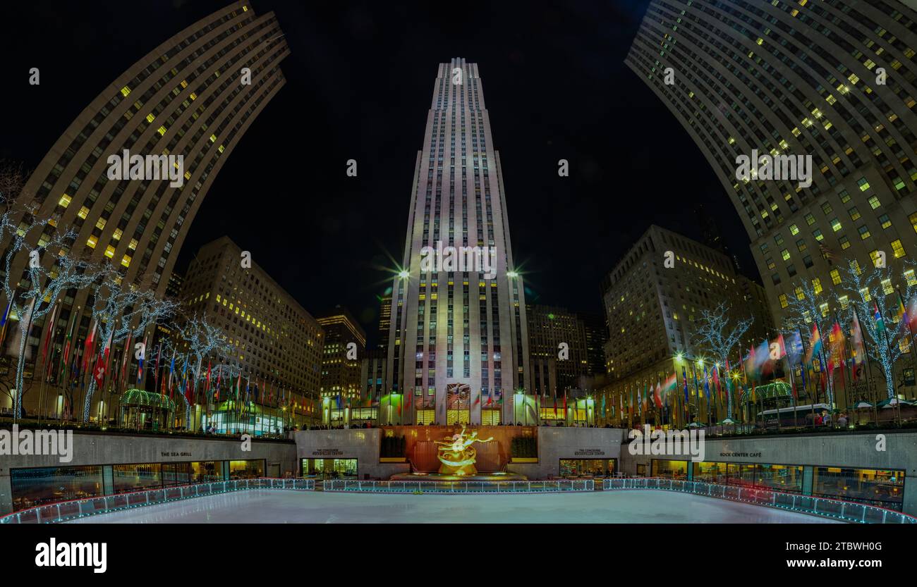 Ein Panoramabild des Rockefeller Plaza Stockfoto