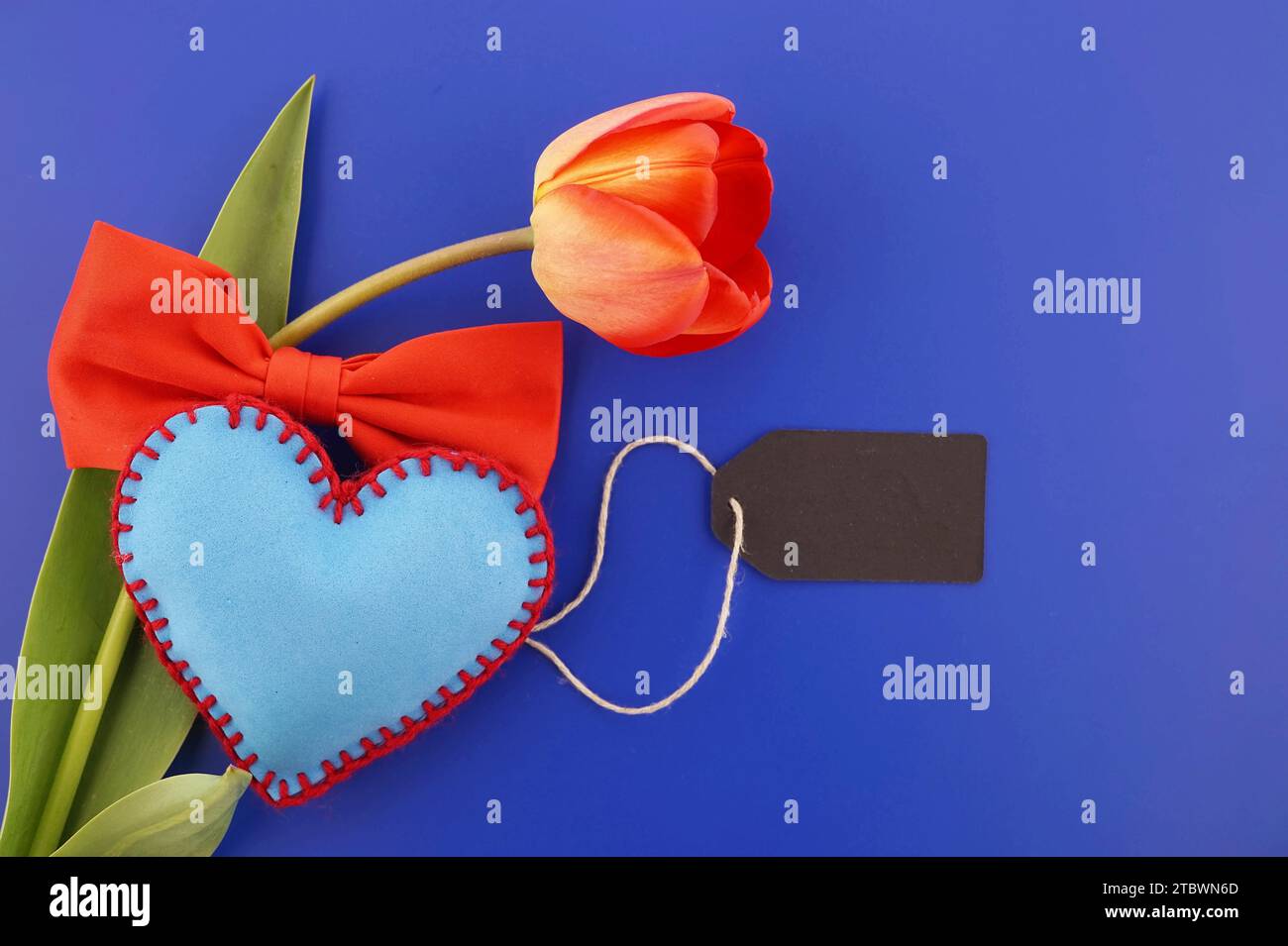 Unbeschriftetes Etikett für eine Valentinstagsbotschaft mit roter Tulpe, handgefertigtem blauem Filzherz und Fliege auf einem farbenfrohen blauen Hintergrund Stockfoto