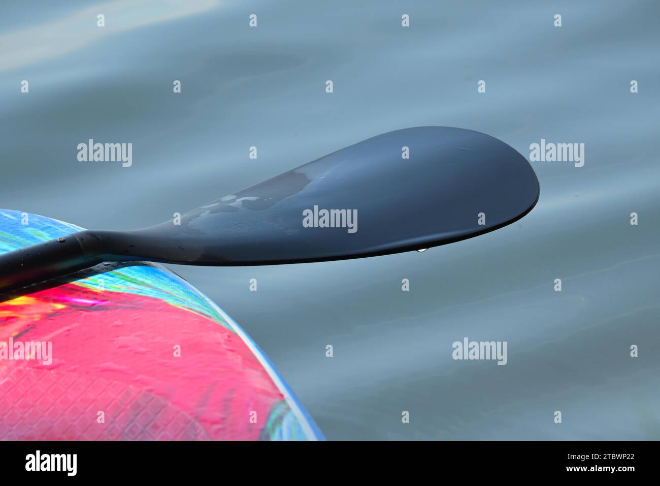 Ein einziger Wassertropfen auf dem Paddel gegen ein ruhiges Seewasser, sportliche Aktivitäten im Freien Stockfoto