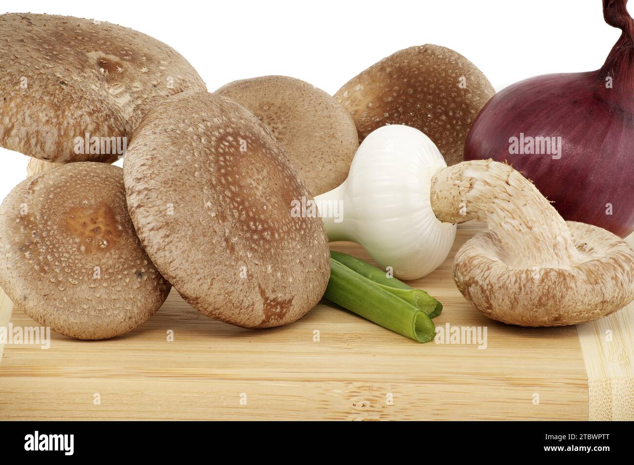 Shiitake-Pilze und verschiedene Zwiebelsorten auf einem Holzschneidbrett auf weißem Hintergrund. Rezepte und Heilkräuter Stockfoto