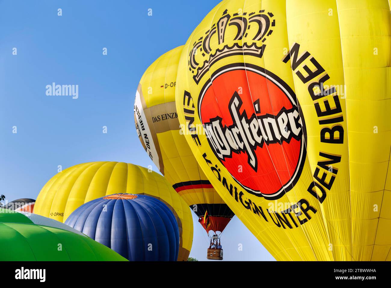 Viele Heißluftballons fliegen in den Himmel, Massenstart, Heißluftballonfestival, 26. Warsteiner International Montgolfiade, Warstein, Sauerland Stockfoto