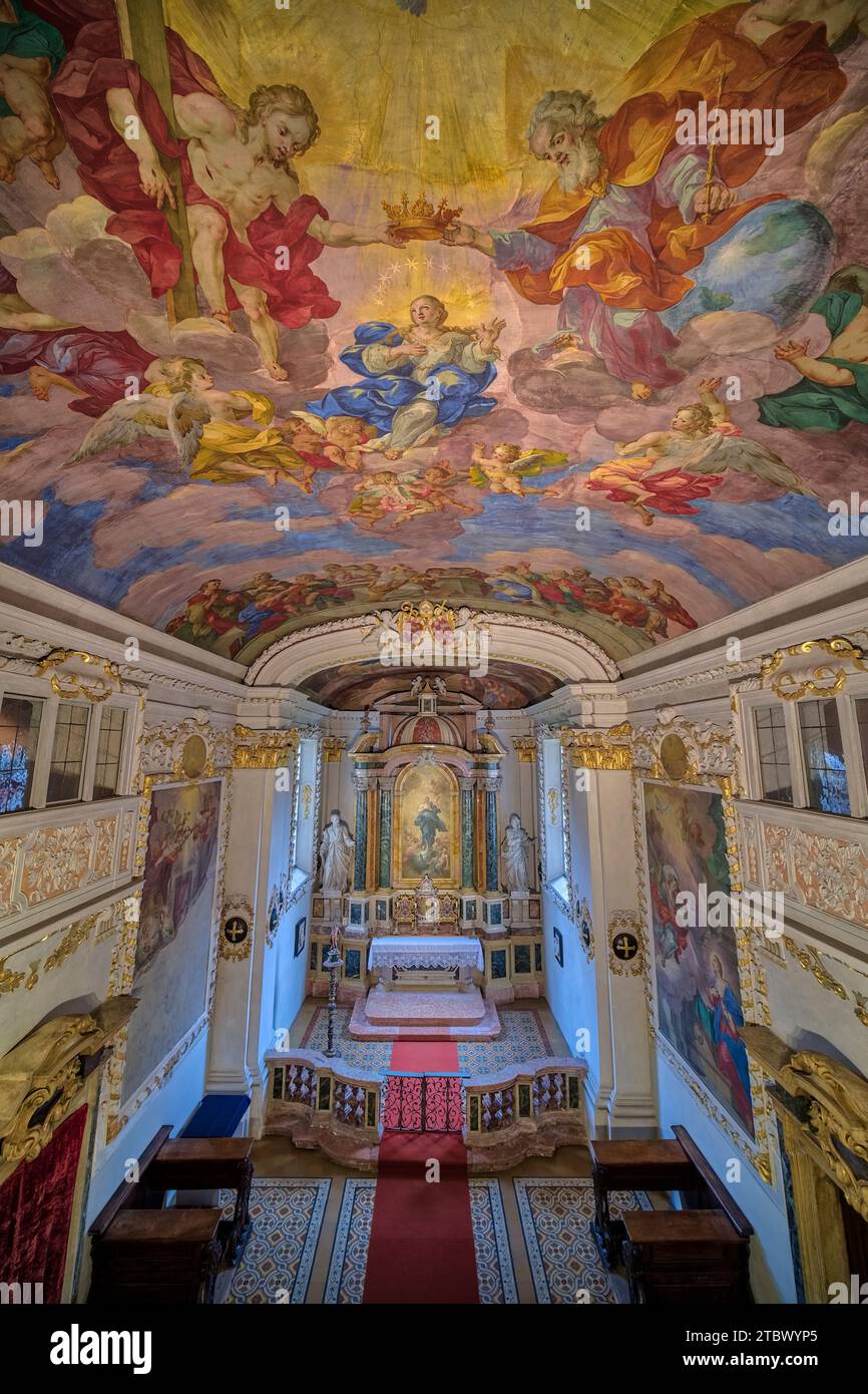 Inneneinrichtung und Altar in der Hofkirche in Brixen mit wunderschön bemalten Decken. Stockfoto