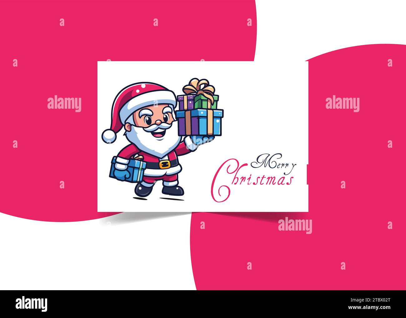 Weihnachtsgrußkarte mit handgezeichnetem Schriftzug und süßer Weihnachtsmann mit Geschenkbox Stock Vektor