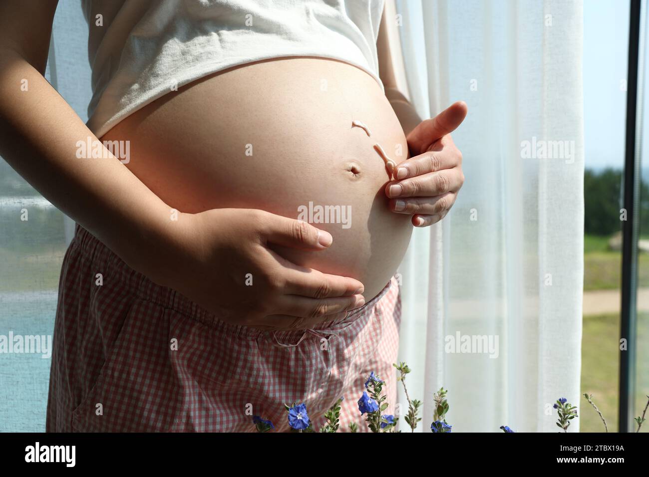 Schwangere Frau, die zu Hause am Fenster Dehnungsstreifen-Creme auf ihren Bauch aufträgt Stockfoto