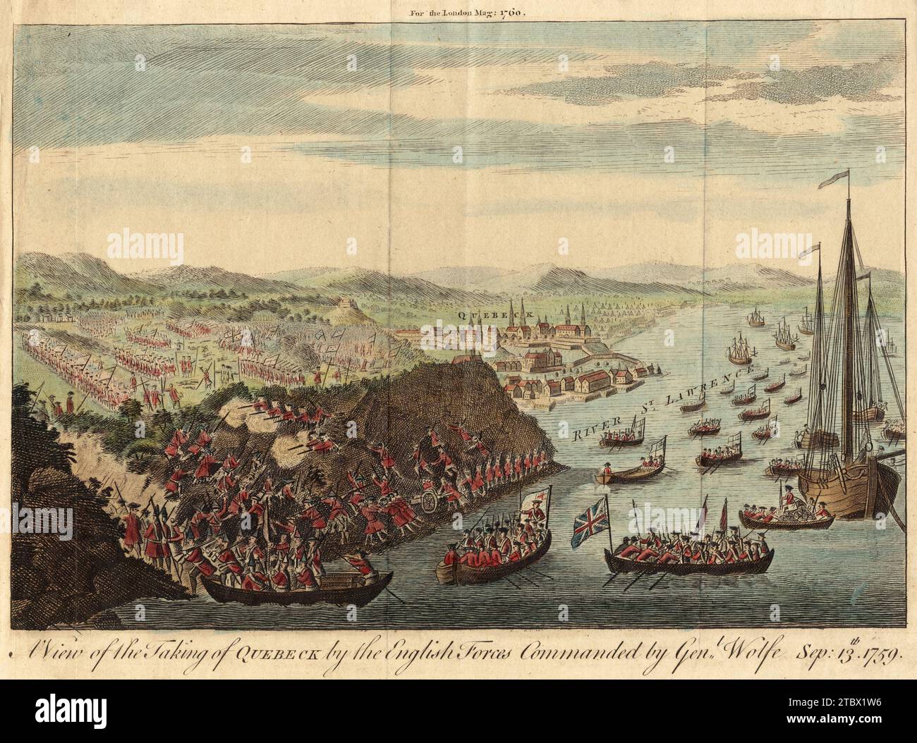 Eine Vogelperspektive der Eroberung Québecs durch die englischen Truppen unter General Wolfe am 13. September 1759, Karte ca. 1760 Stockfoto