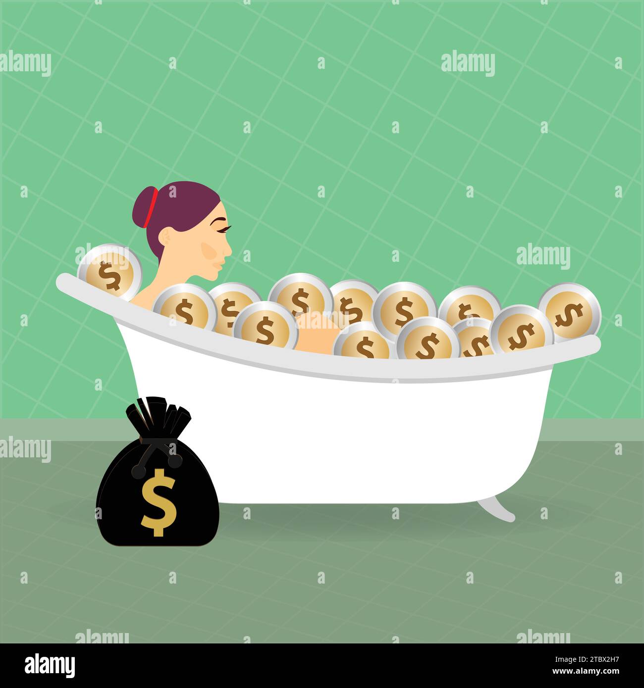 Frau in der Badewanne mit Dollarmünzen Stock Vektor