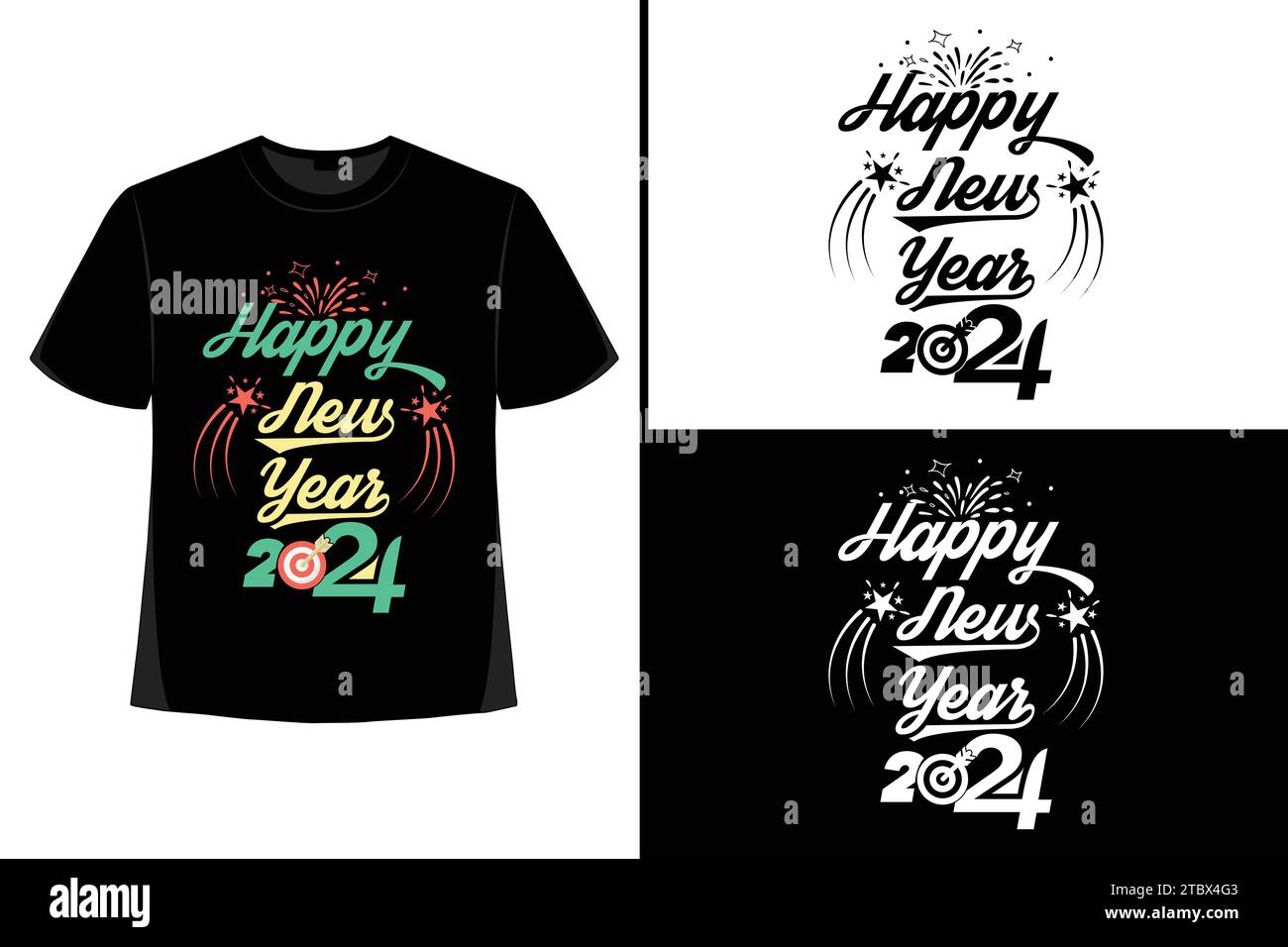 Happy New YearT-Shirt, Typografie Vektor, T-Shirt Design Vektor, Happy New Year 2024, New Year T-Shirt Design, New 2024 T-Shirt Design Stock Vektor