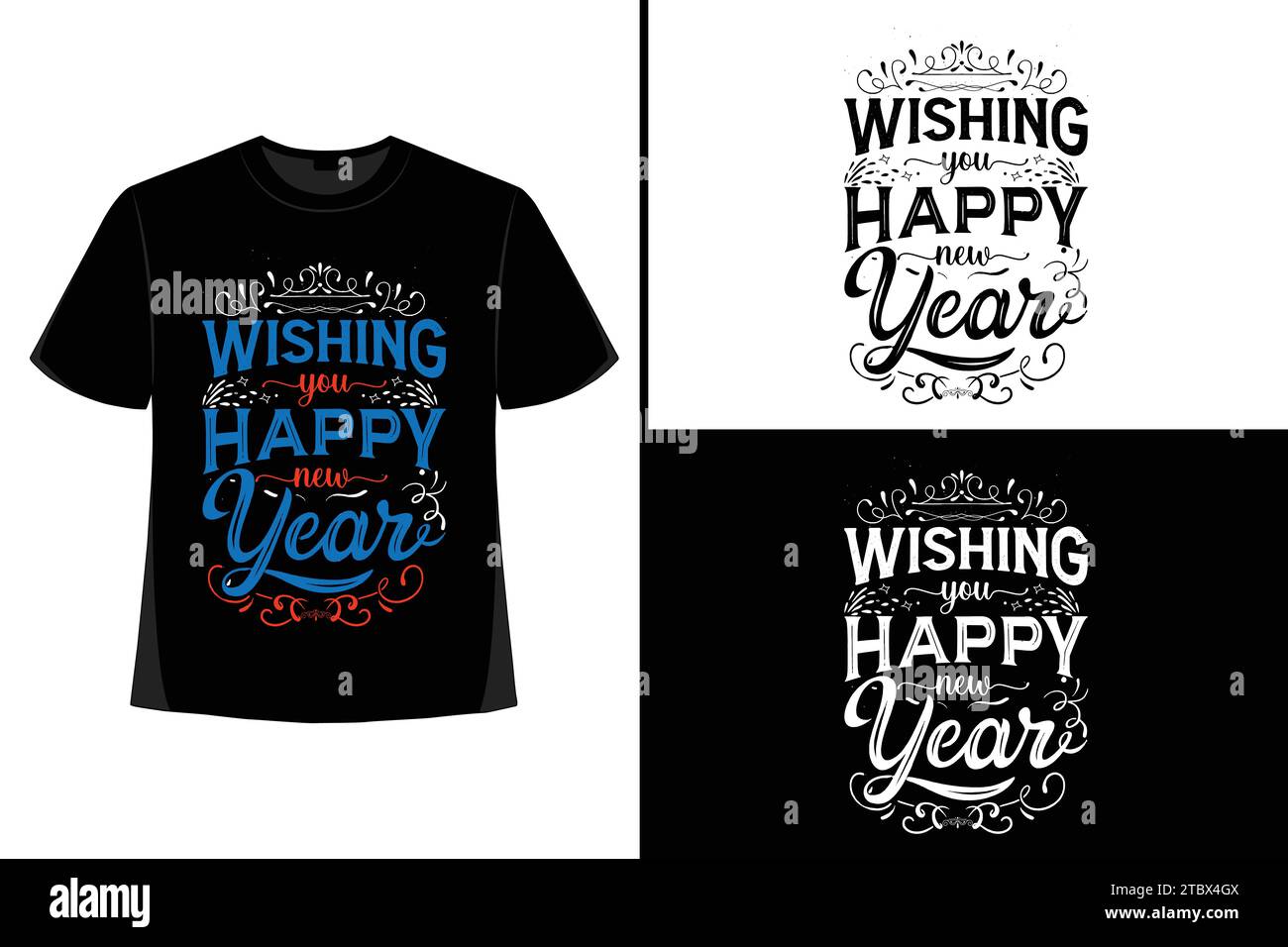 Happy New YearT-Shirt, Typografie Vektor, T-Shirt Design Vektor, Happy New Year 2024, New Year T-Shirt Design, New 2024 T-Shirt Design Stock Vektor