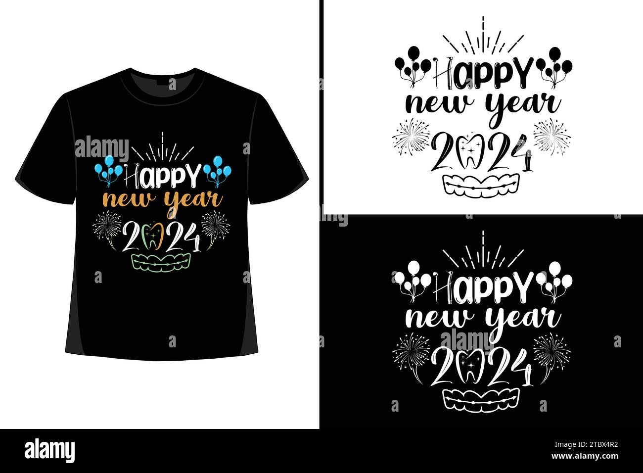 Happy New YearT-Shirt, Typografie Vektor, T-Shirt Design Vektor, Happy New Year 2024, New Year T-Shirt Design, New 2024 T-Shirt Design Stock Vektor