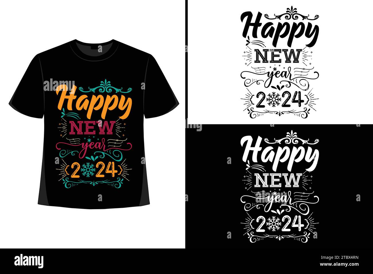 Happy New YearT-Shirt, Typografie Vektor, T-Shirt Design Vektor, Happy New Year 2024, New Year T-Shirt Design, New 2024 T-Shirt Design Stock Vektor