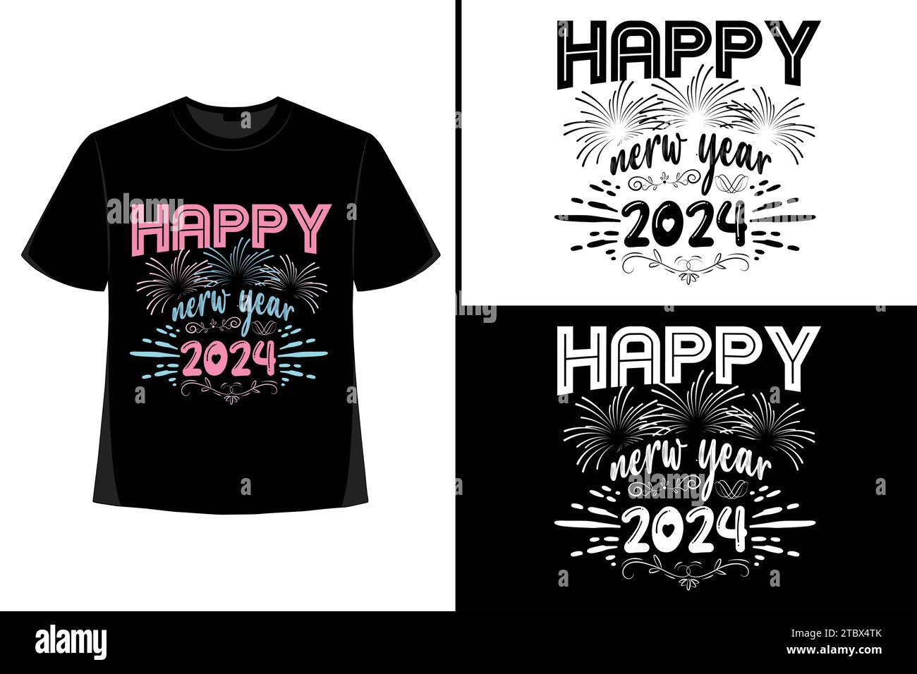 Happy New YearT-Shirt, Typografie Vektor, T-Shirt Design Vektor, Happy New Year 2024, New Year T-Shirt Design, New 2024 T-Shirt Design Stock Vektor