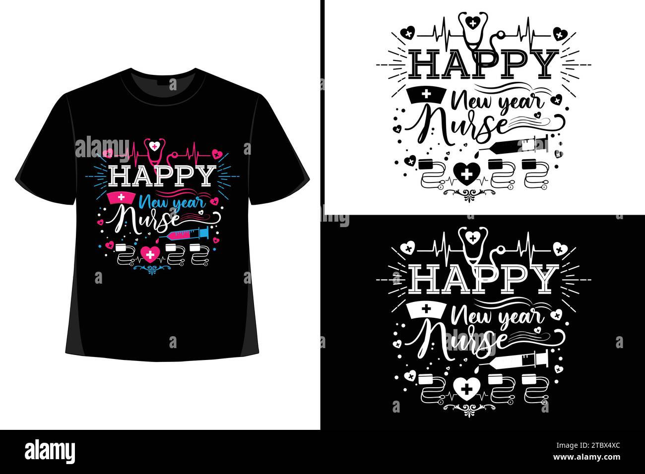 Happy New YearT-Shirt, Typografie Vektor, T-Shirt Design Vektor, Happy New Year 2024, New Year T-Shirt Design, New 2024 T-Shirt Design Stock Vektor