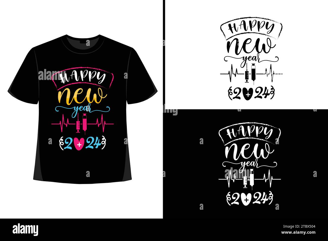 Happy New YearT-Shirt, Typografie Vektor, T-Shirt Design Vektor, Happy New Year 2024, New Year T-Shirt Design, New 2024 T-Shirt Design Stock Vektor