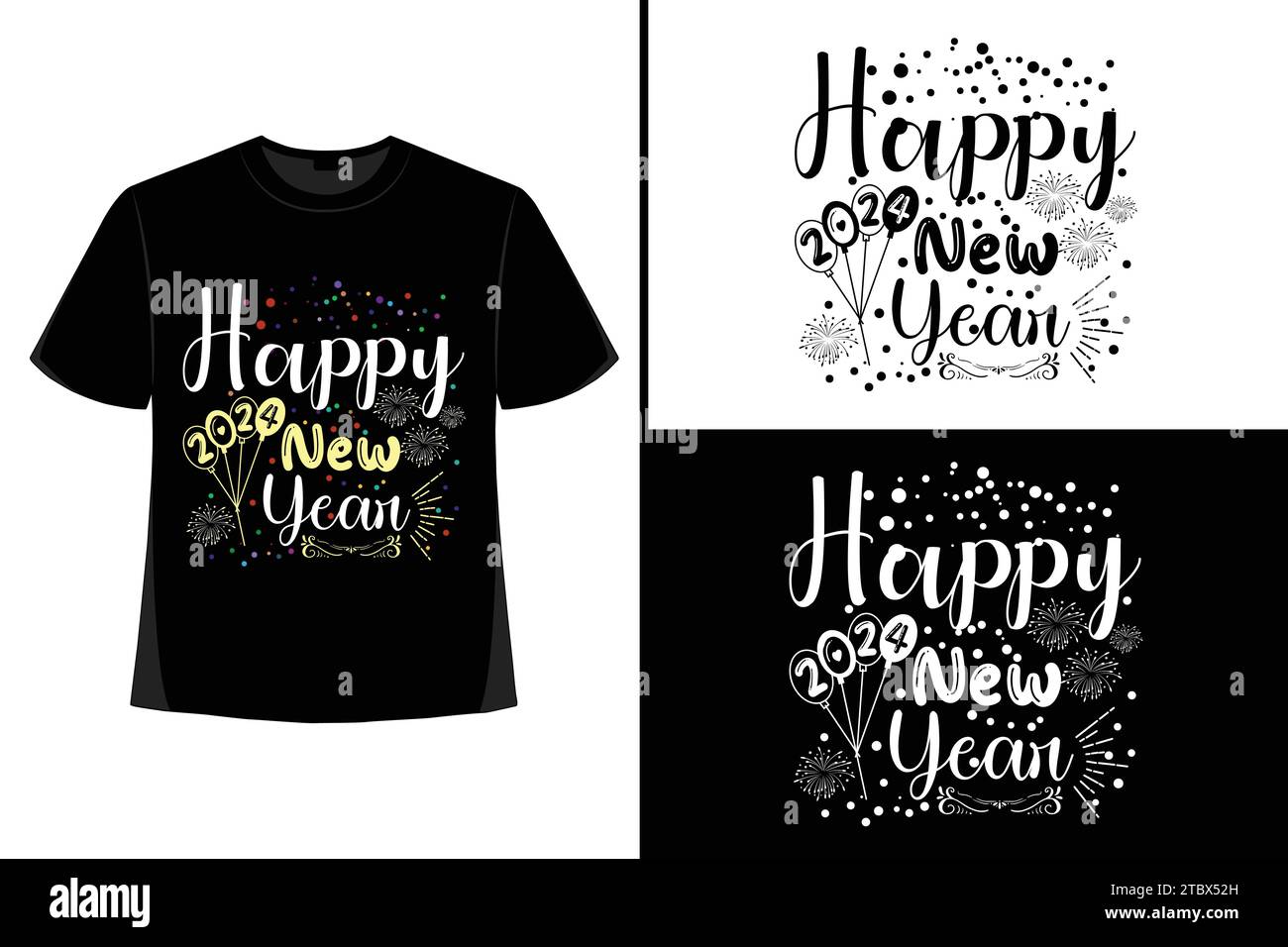 Happy New YearT-Shirt, Typografie Vektor, T-Shirt Design Vektor, Happy New Year 2024, New Year T-Shirt Design, New 2024 T-Shirt Design Stock Vektor