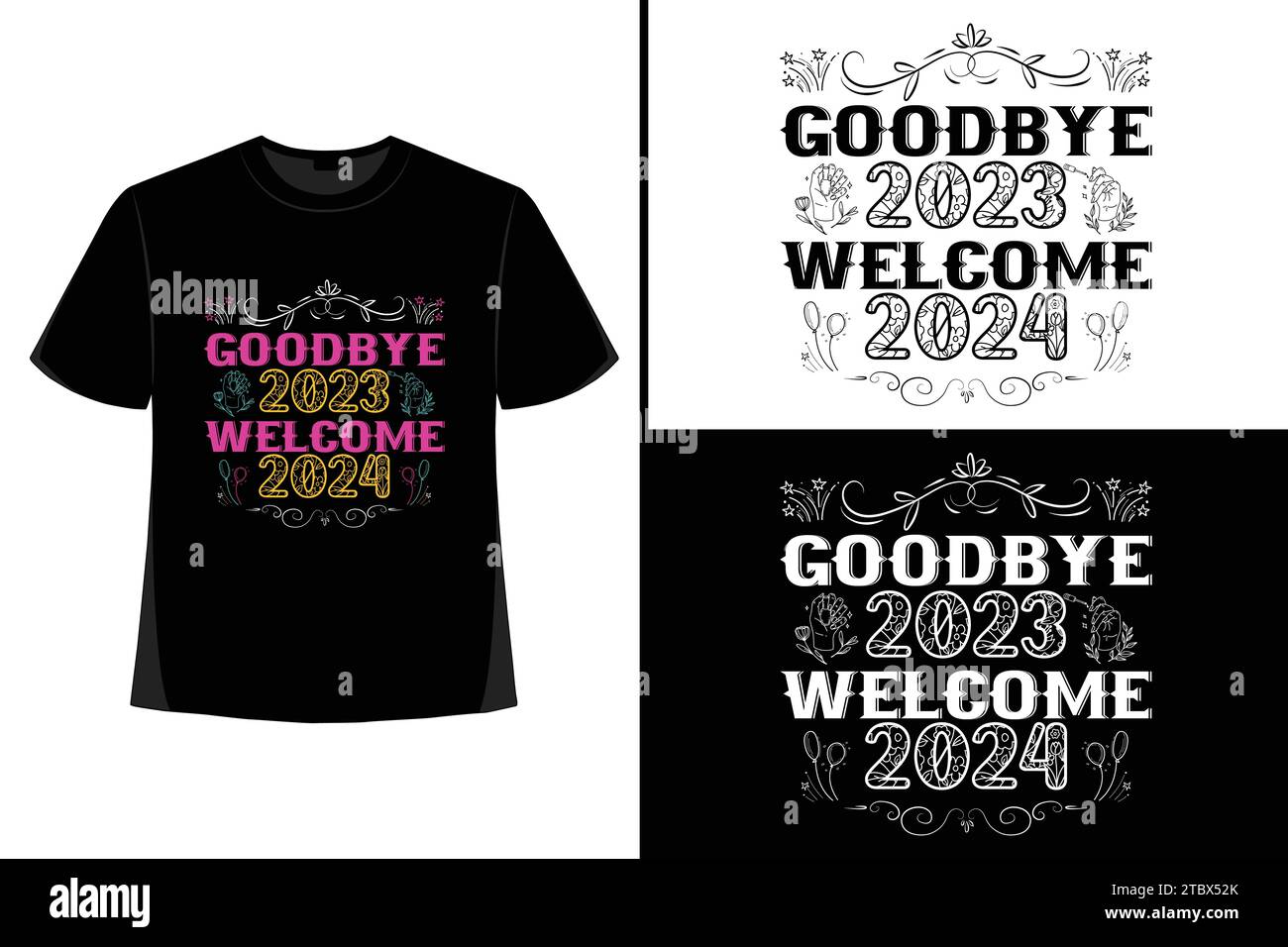 Happy New YearT-Shirt, Typografie Vektor, T-Shirt Design Vektor, Happy New Year 2024, New Year T-Shirt Design, New 2024 T-Shirt Design Stock Vektor