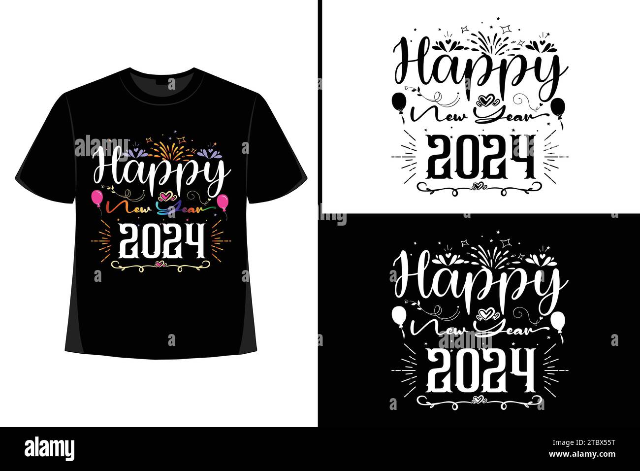 Happy New YearT-Shirt, Typografie Vektor, T-Shirt Design Vektor, Happy New Year 2024, New Year T-Shirt Design, New 2024 T-Shirt Design Stock Vektor