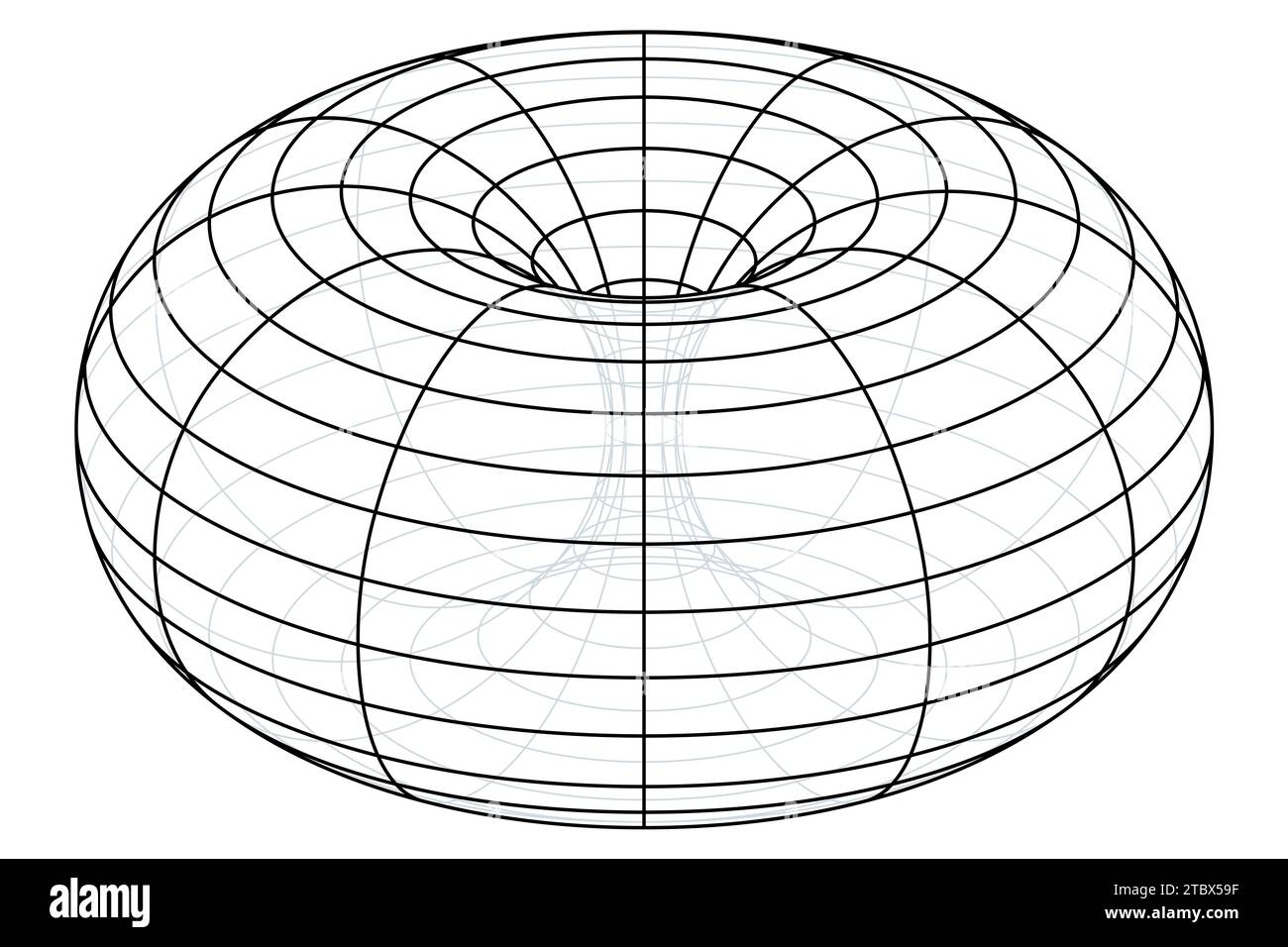 Drahtrahmen eines Ringtorus, auch Donut oder Donut. Geometrische Rotationsfläche, die durch Drehen eines Kreises im 3D-Raum um eine volle Umdrehung erzeugt wird. Stockfoto