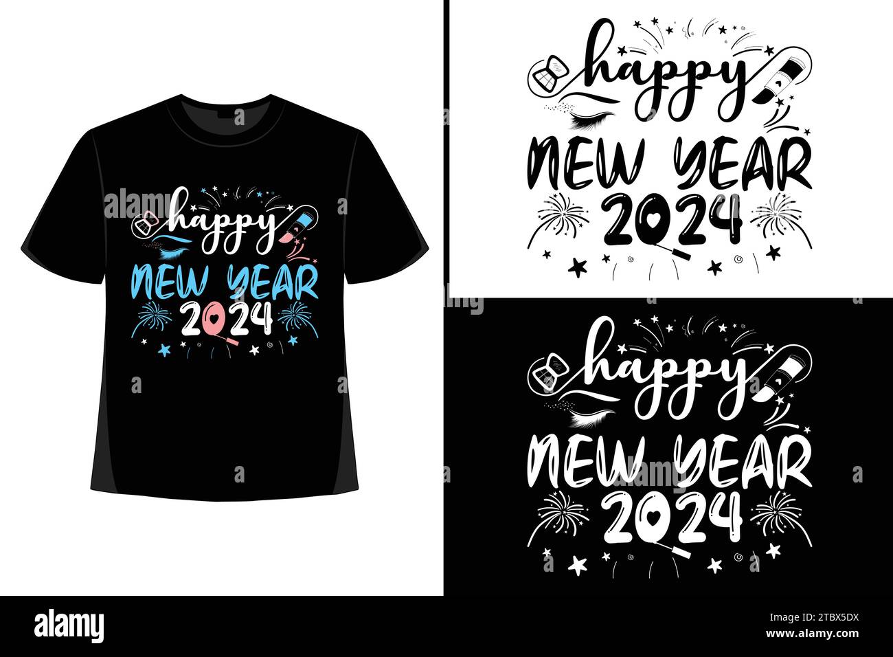 Happy New YearT-Shirt, Typografie Vektor, T-Shirt Design Vektor, Happy New Year 2024, New Year T-Shirt Design, New 2024 T-Shirt Design Stock Vektor