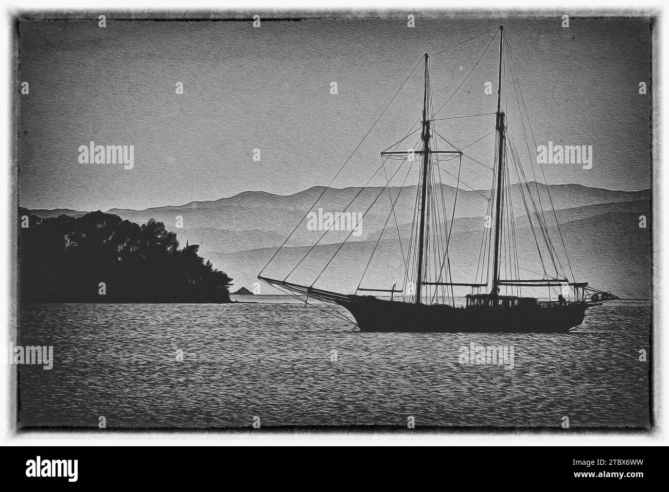 Altes Holzschiff in der Bucht. Fine Art Bild Leinwand Textur hinzugefügt. Stockfoto