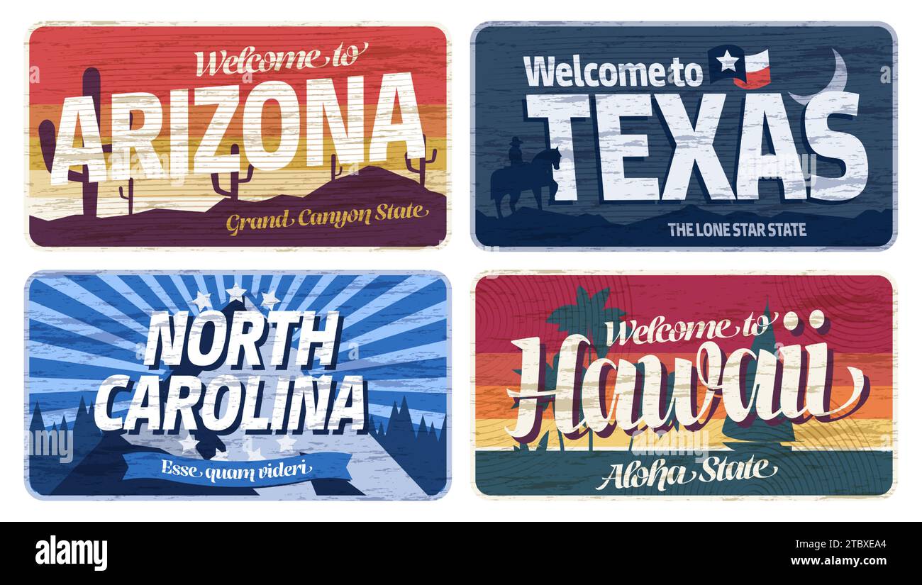 Kennzeichen für die Region USA. US-amerikanische Tafeln, Oldtimer-Kennzeichen für Motels und Bars, Oldtimer-Aufkleber für Nummernschilder. Vektorabbildung. Bunte Fahrzeugschilder für den Transport Stock Vektor