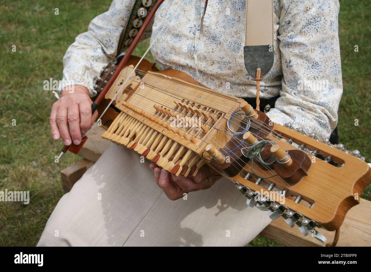 Fiddler mit Schlüssel-Geige-Nyckelharpa- Stockfoto