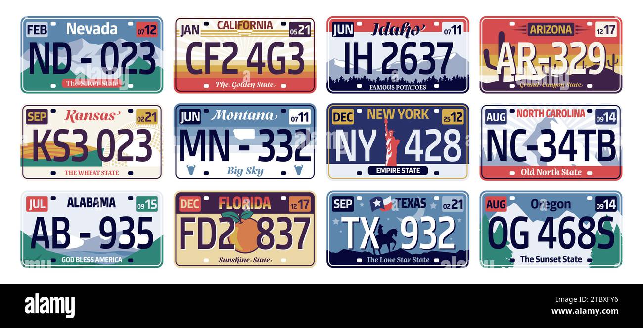 Kennzeichen des Fahrzeugs. Amerikanisches Nummernschild mit Name und Nummern des Bundesstaates, Idaho, Texas, Oregon, Arizona, Kalifornien, Nevada, Kanzas, Florida. Ve Stock Vektor