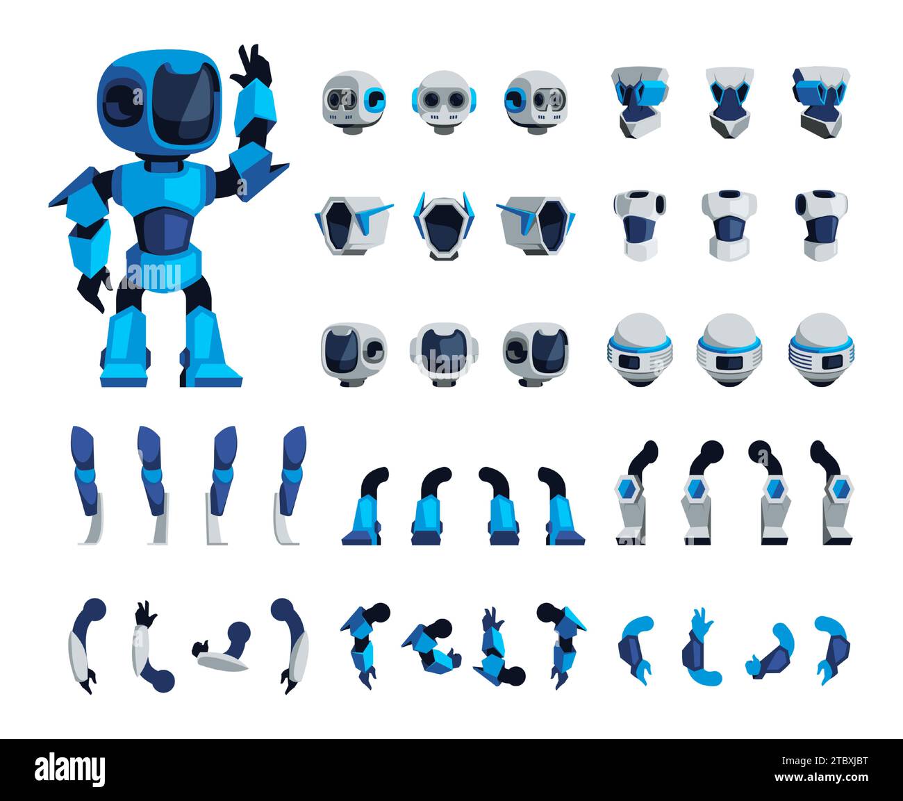 Zeichentrickroboter-Animationskit. Cibernetica Roboterstellung für Rahmensequenz, Teile und Konstrukteure von elektrischen Maschinen, Roboterstellungen und Gesten. Vektorisol Stock Vektor