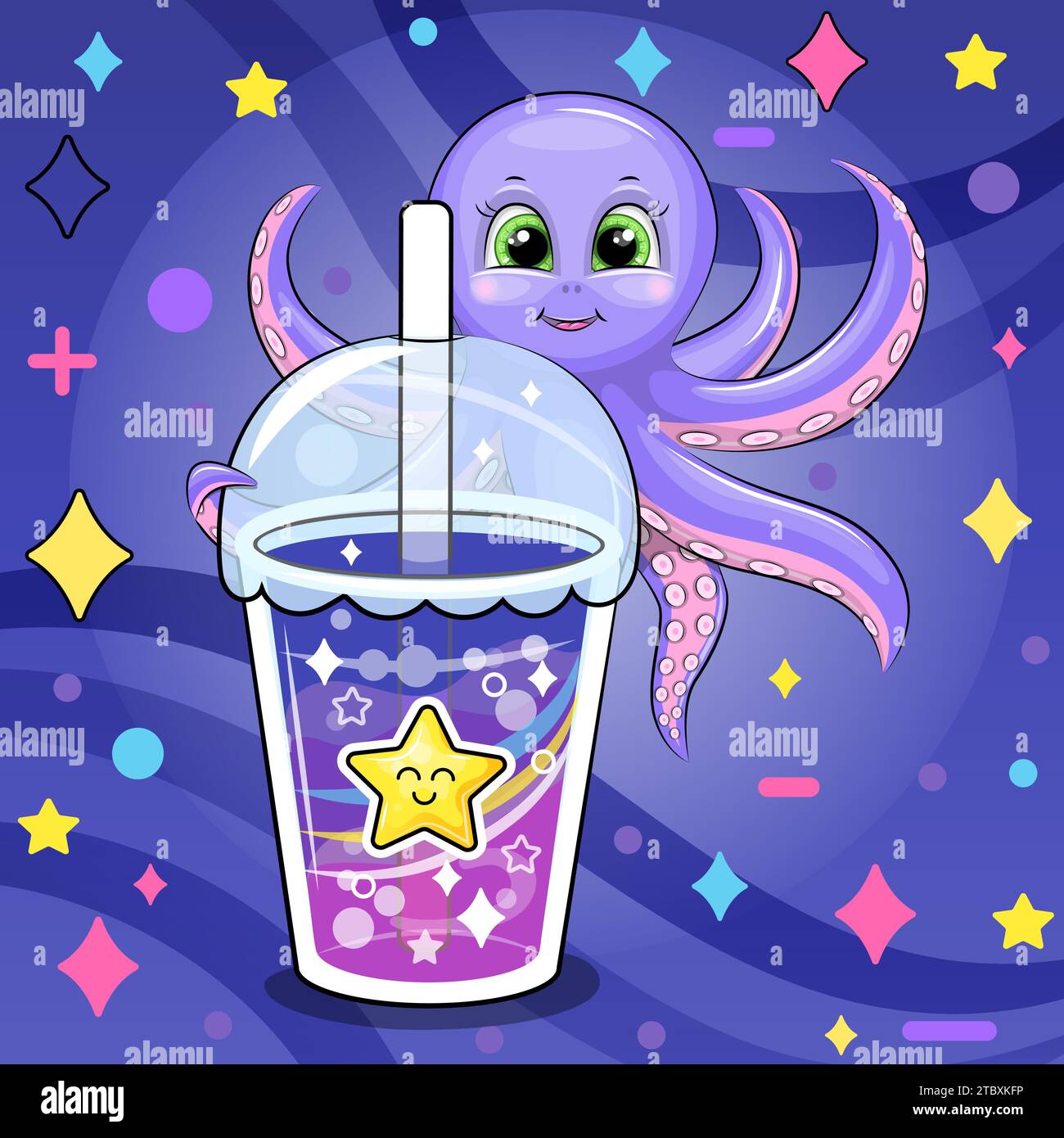 Niedlicher Cartoon Baby Krake mit einem großen Star Drink. Vektor-Illustration eines Tieres und einer Tasse farbenfrohen Wassers auf einem dunkelblauen Hintergrund mit Sternen und Stock Vektor