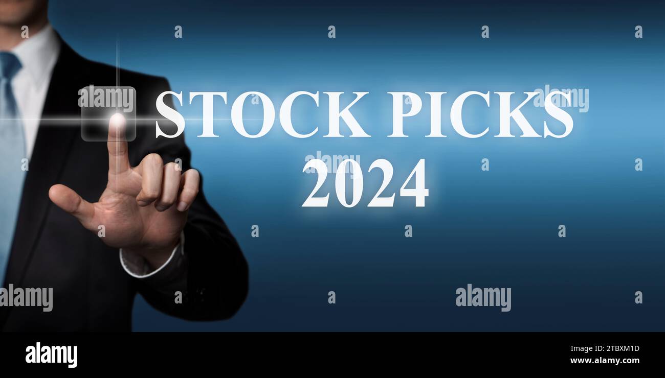 Top Stock Picks of the Year 2024 – Drücken der virtuellen Touchscreen-Taste mit dem Finger Stockfoto