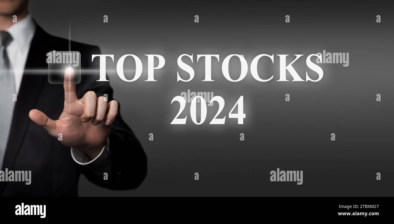 Top Stock Picks of the Year 2024 – Drücken der virtuellen Touchscreen-Taste mit dem Finger Stockfoto
