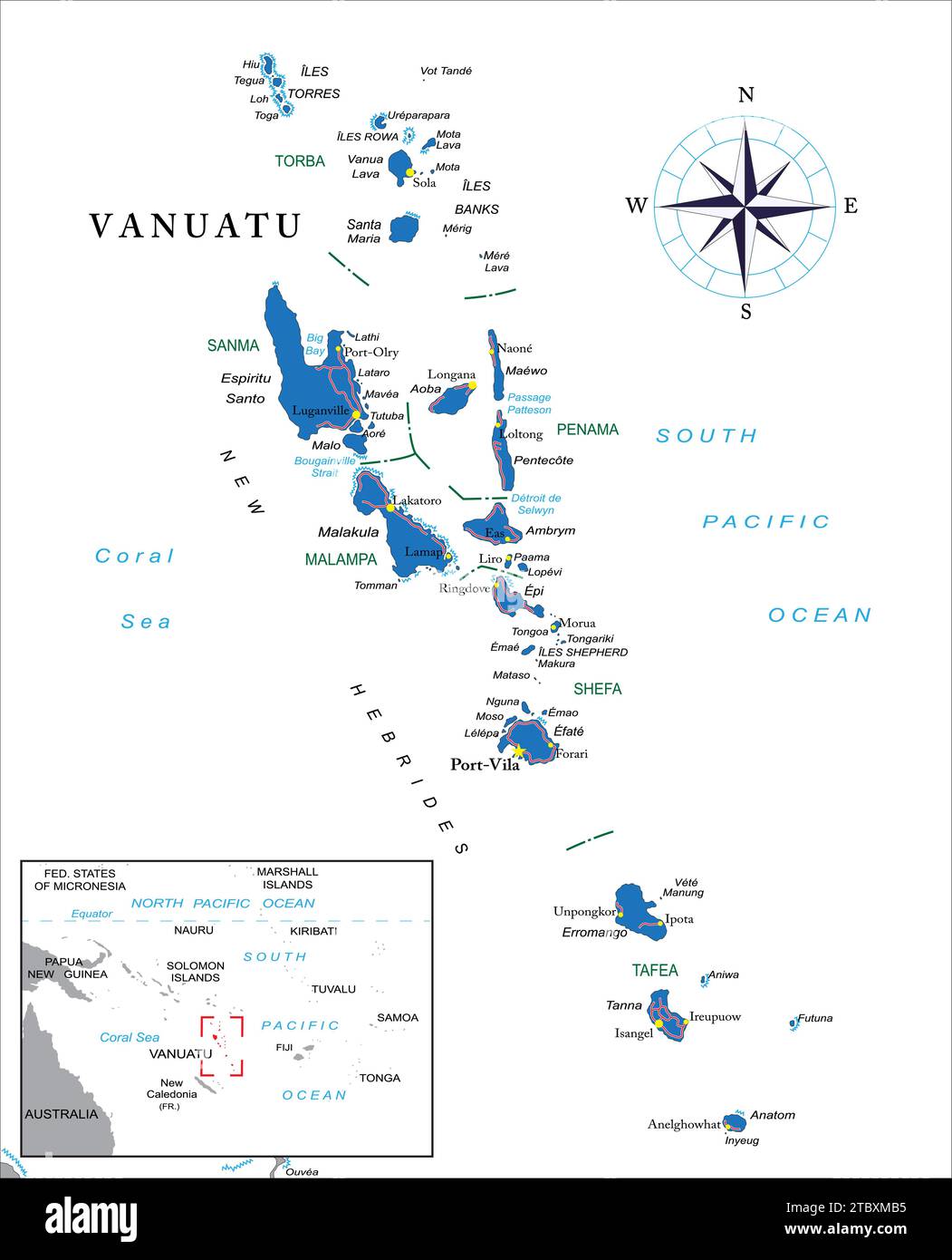 Sehr detaillierte politische Vektorkarte von Vanuatu mit Verwaltungsregionen und Hauptstädten. Stock Vektor