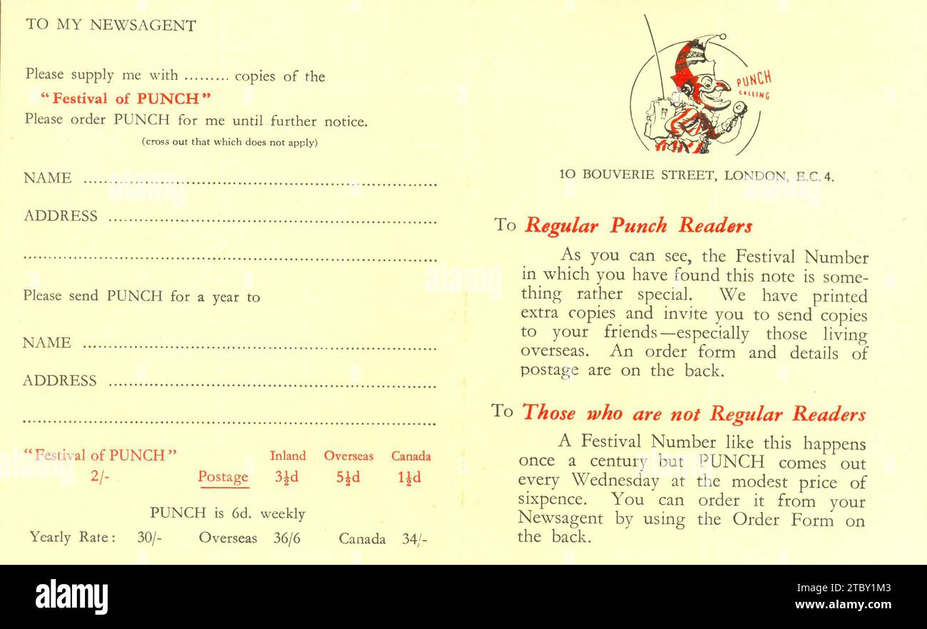 Bestellformular für das hundertjährige Festival Nummer des Punch Magazine 1951 Stockfoto