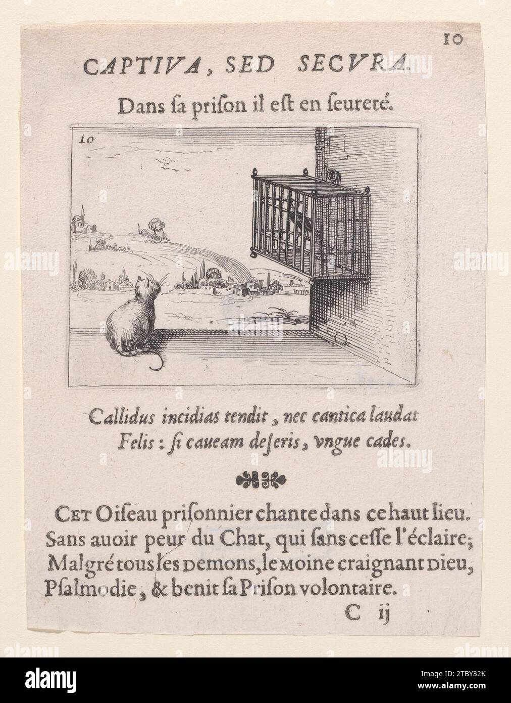 Le Chat Guettant L'Oiseau en Cage (die Katze, die den Vogel im Käfig beobachtet), von Lux Claustri ou La Lumiere du Cloitre (das Licht des Klosters), Platte 10 1957 von Jacques Callot Stockfoto