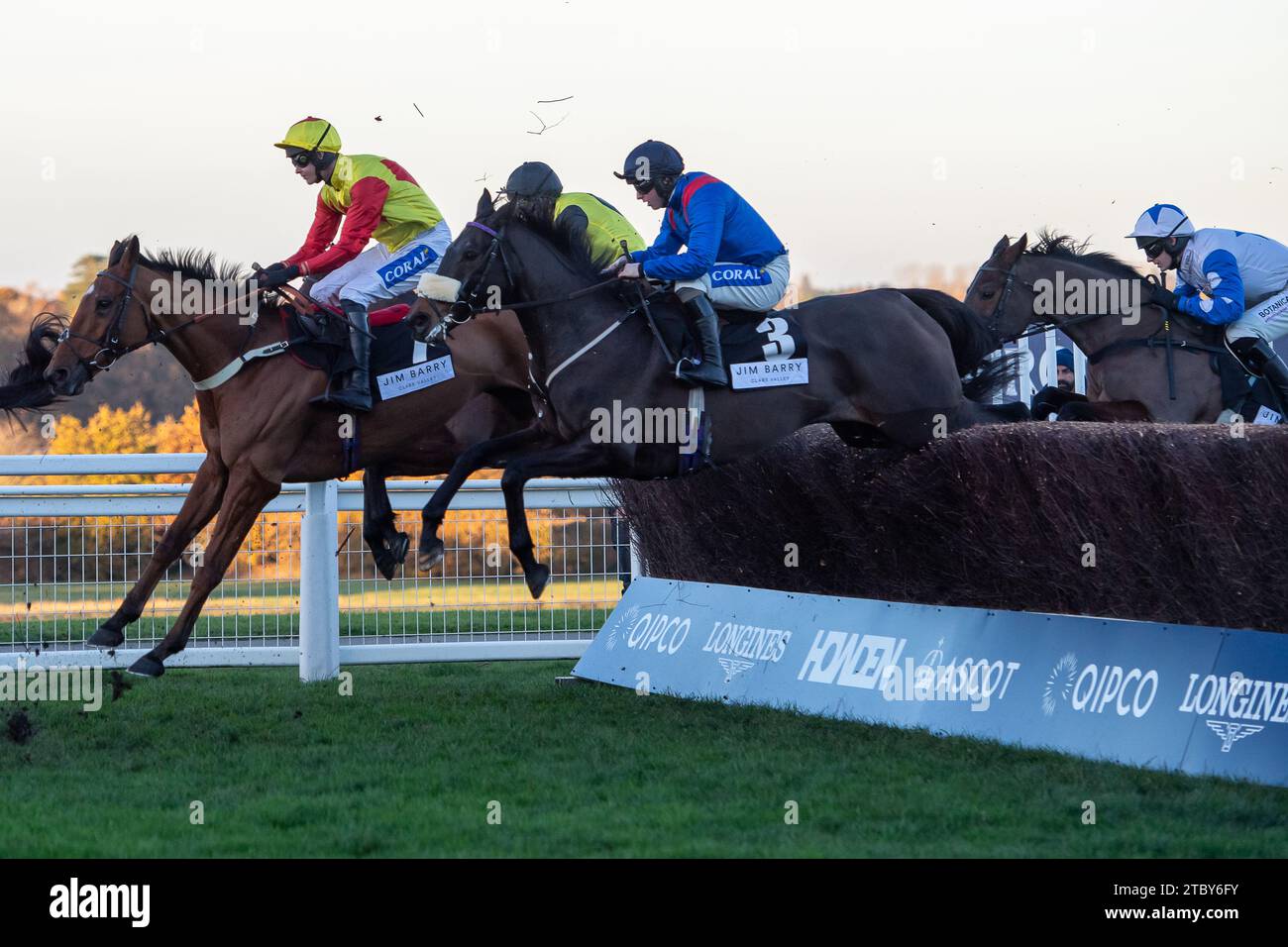 Ascot, Großbritannien. November 2023. Horse Malystic (Nr. 3), geritten von Jockey Brian Hughes, springt beim November Racing Saturday Meeting in der Jim Barry Wines Hurst Park Handicap Chase auf der Ascot Racecourse. Trainer Peter Niven, Malton. Kredit: Maureen McLean/Alamy Stockfoto