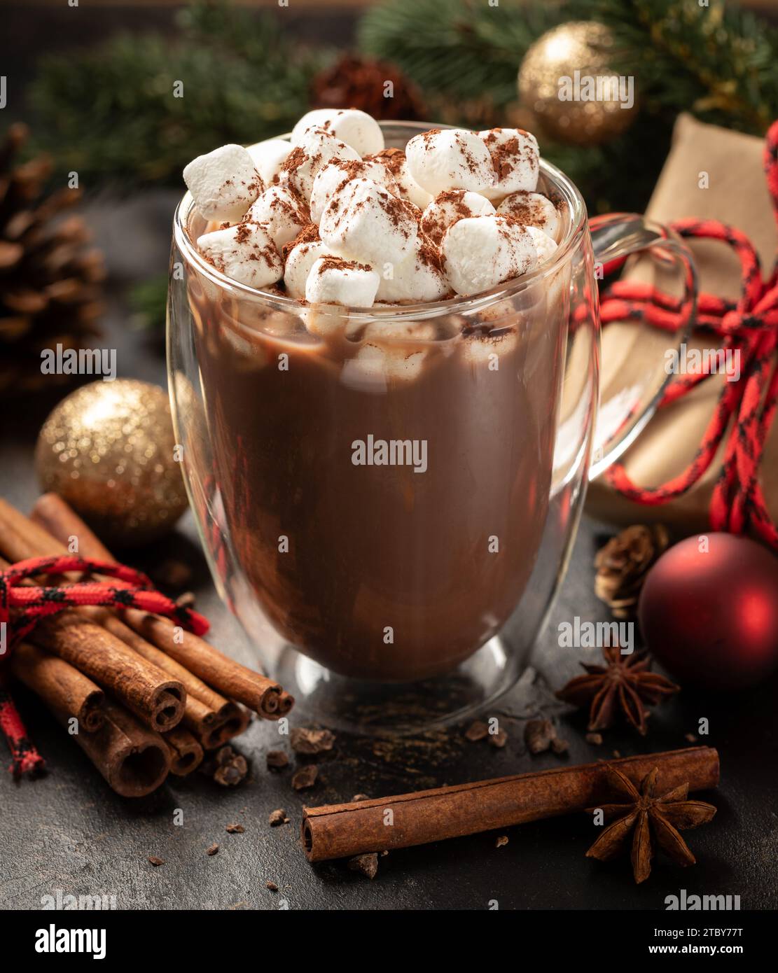 Tasse heiße Schokolade und Marshmallows mit Feiertagshintergrund Stockfoto