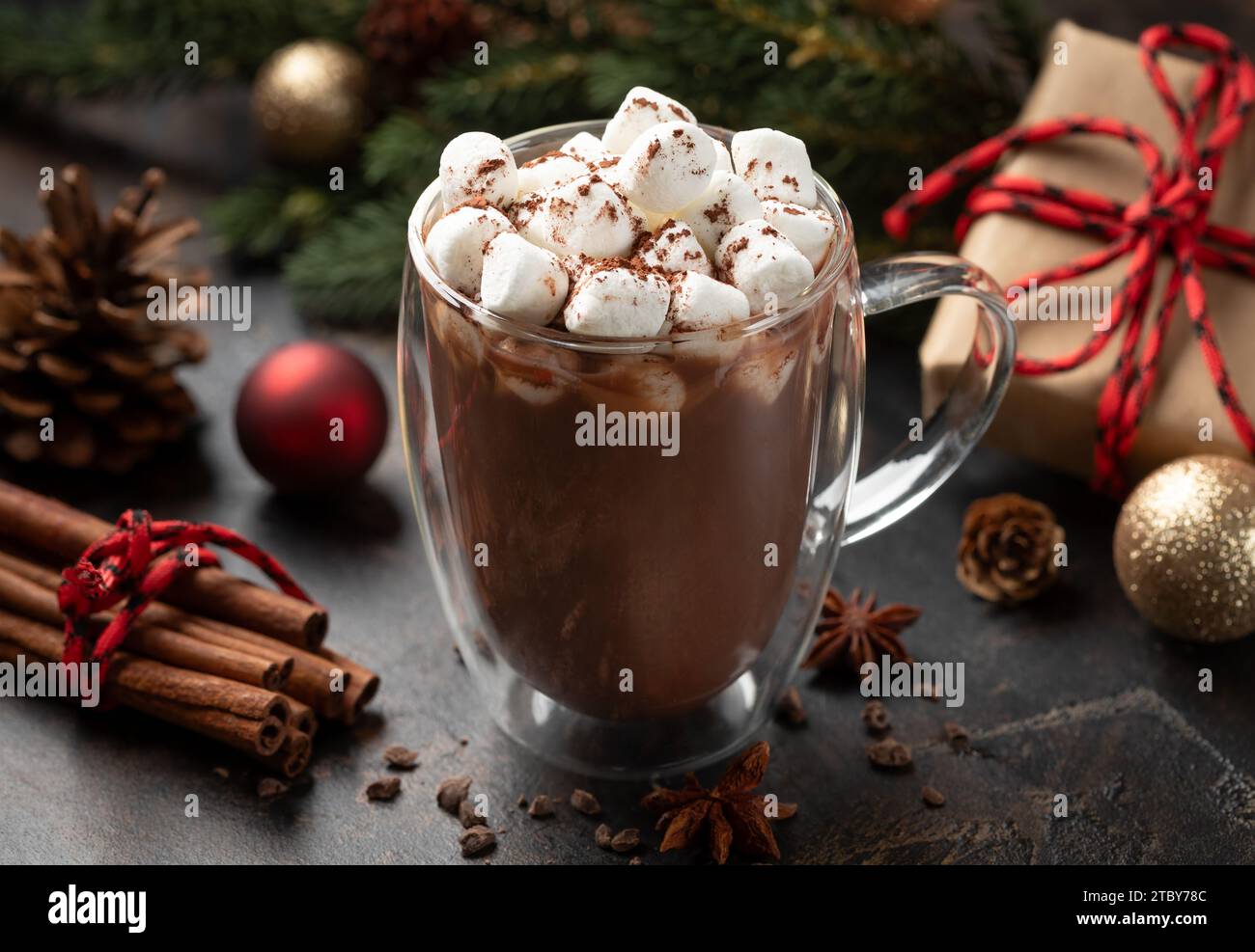 Tasse heiße Schokolade und Marshmallows mit Feiertagshintergrund Stockfoto