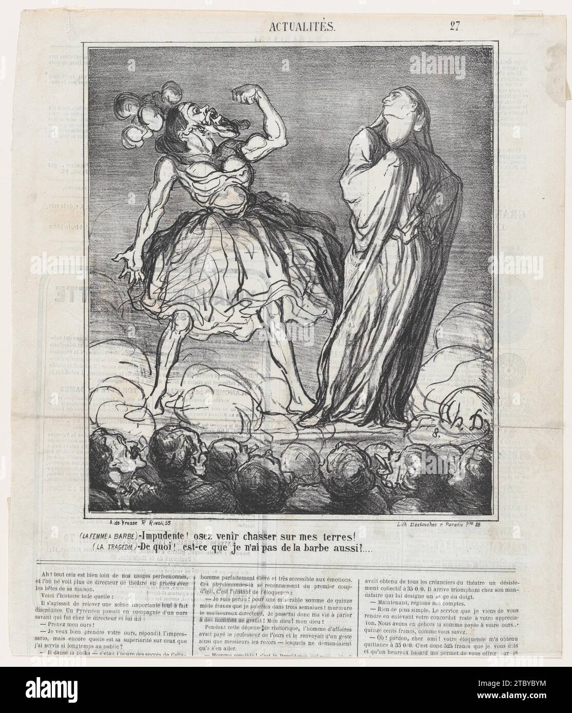 Die bärtige Dame: Unvorsichtige Frau! Du wagst es, auf meinem Territorium zu jagen! Tragödie: Was! Habe ich nicht auch einen Bart?, aus „News of the Day“, veröffentlicht in Le Charivari, 16. Februar 1867 1953 von Arnaud de Vresse Stockfoto
